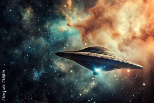 A UFO is soaring through the galaxy in the dark expanse of space