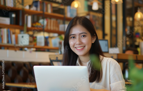 Asian young woman smiling and working