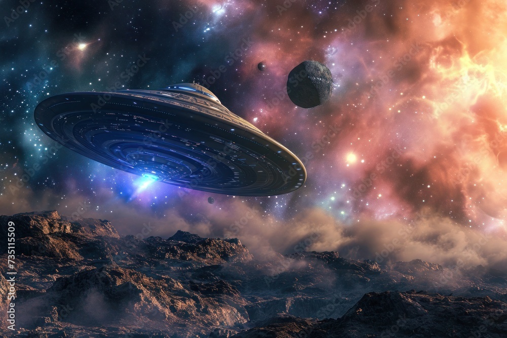 An astronomical object hovers over a rocky planet in the darkness of outer space