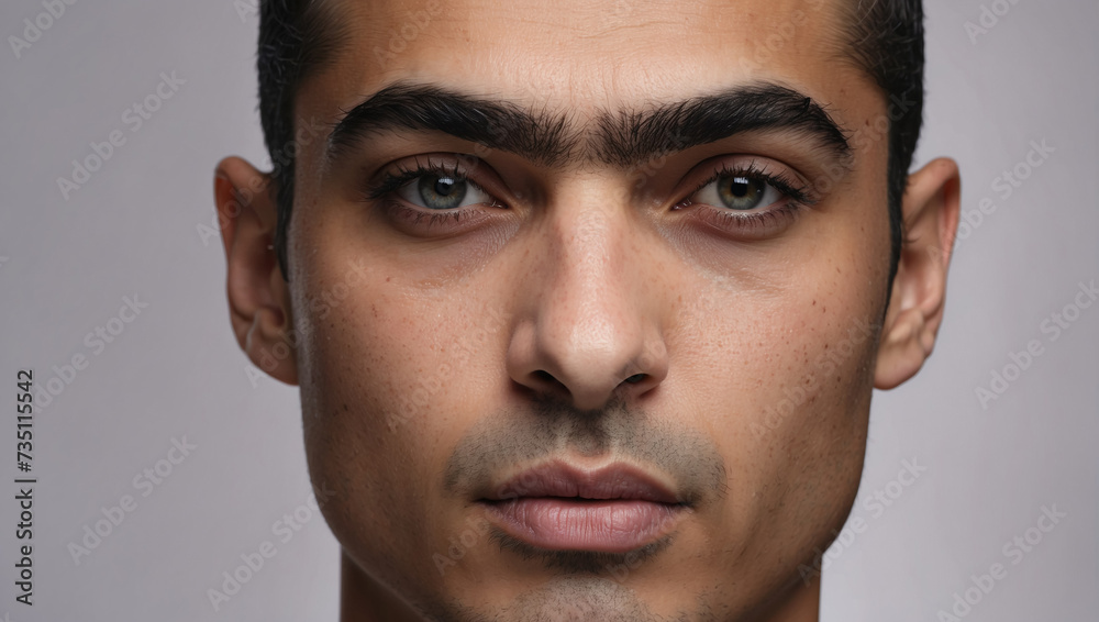 Man's monobrow. Thick black fused eyebrows Man's monobrow. Thick black fused eyebrows