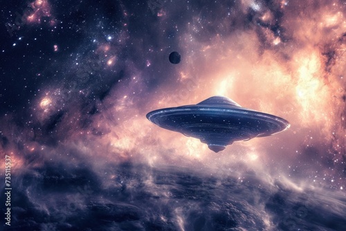 A UFO is soaring in outer space among celestial bodies © Anna