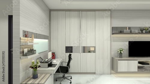 Photos Minimalist Work Desk Design with Drawer Cabinet, Display Rack and Storage Wardro