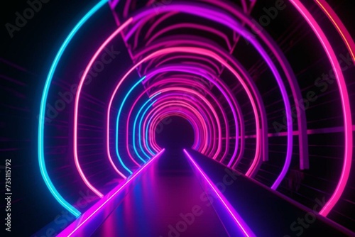 A vibrant 3D tunnel adorned with neon lights in shades of purple, blue, and pink. Generative AI