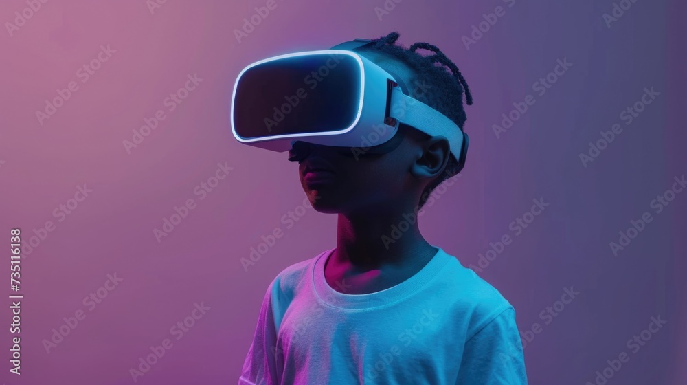 The image captures a person standing against a gradient background that seamlessly transitions from pink to blue. The individual is wearing a virtual reality headset that covers the eyes and part of t The image captures a person standing against a gradient background that seamlessly transitions from pink to blue. The individual is wearing a virtual reality headset that covers the eyes and part of t