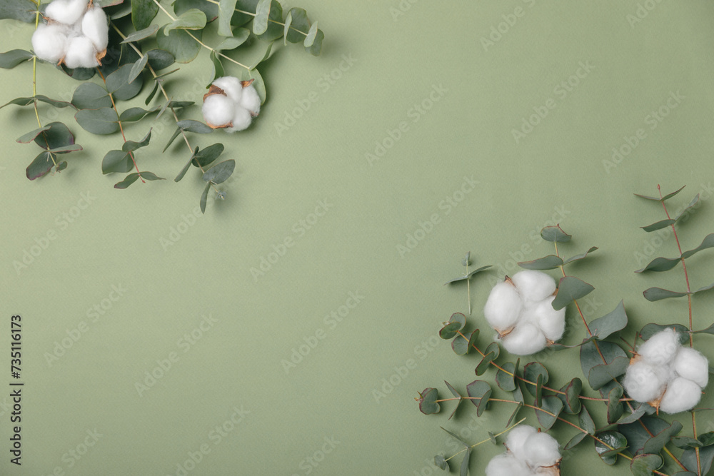 Obraz premium Eucalyptus leaves. Aromatherapy. Fresh eucalyptus close-up, on background. Fragrant essential oil. View from above. Copy space. Natural cosmetics and skin care concept.
