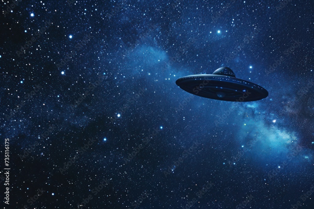 An electric blue UFO swims through a starry underwater sky An electric blue UFO swims through a starry underwater sky
