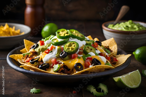 Tex-Mex loaded nachos with melted cheese, jalapeños, guacamole, and sour cream. photo
