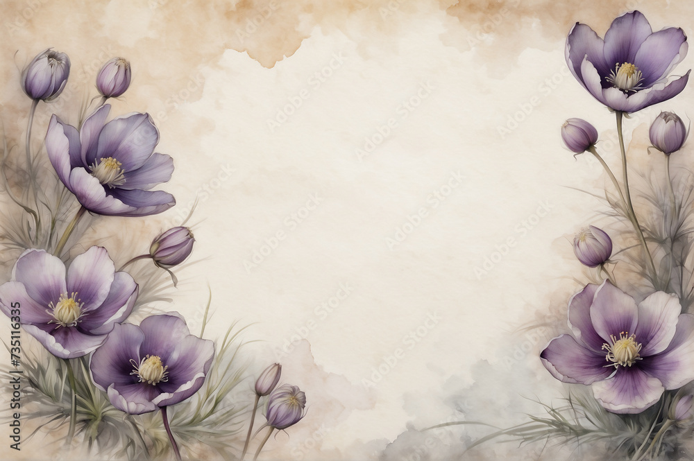 The background for the congratulatory letter is made with watercolors of lilac anemone flowers.