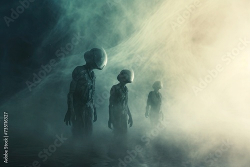 Aliens gather in the misty cloud, surrounded by electric blue haze © Anna