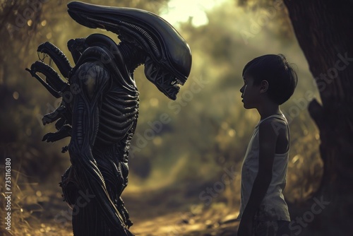 a boy and an alien are standing next to each other in the woods