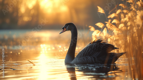 Goose animal swims on blue water in the river or lake. Common loon or great northern diver. A flying Canadian goose against blurred autumnal trees background. Geese flying over a beautiful sunset. photo