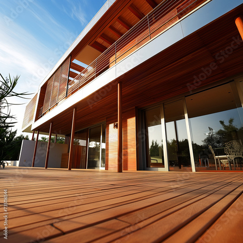 Modern house design, A low-angle picture of a contemporary home wooden patio and decking made of tropical hardwoods