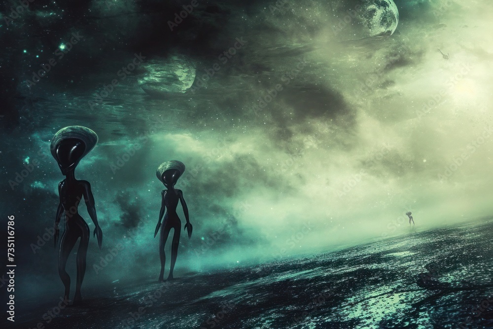 Two aliens in the dark landscape under the midnight sky