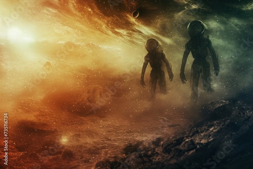 Two aliens in a cave surrounded by fog in an atmospheric phenomenon