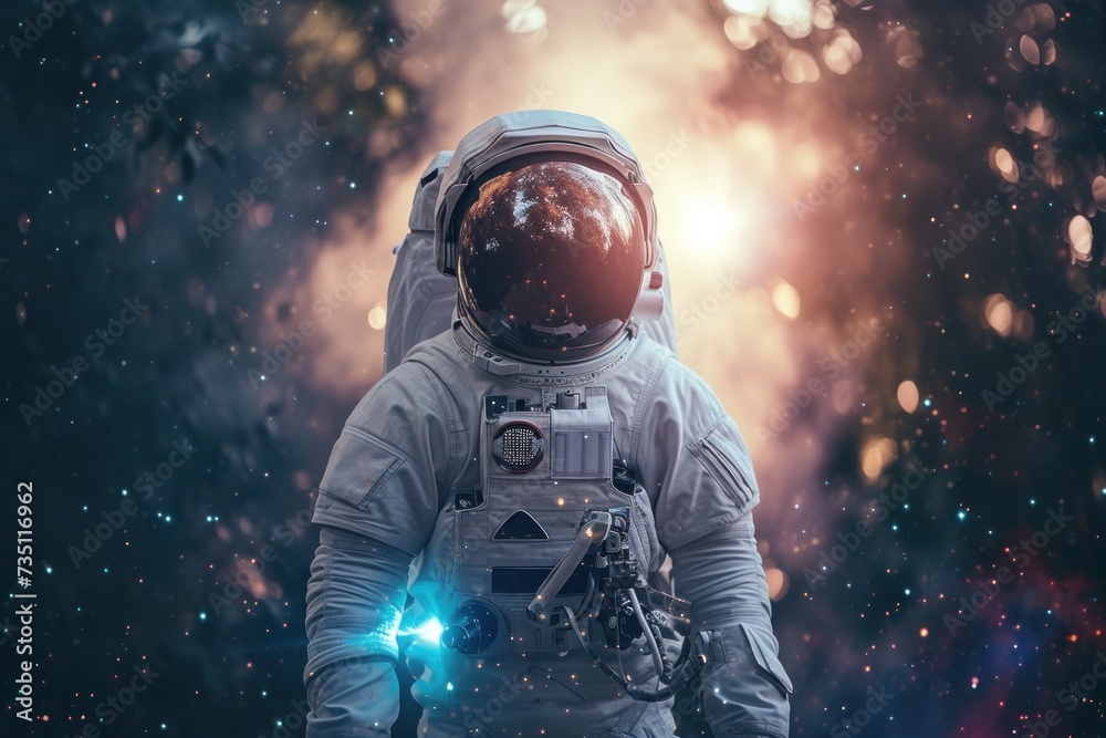 an astronaut is standing in the middle of a galaxy in space