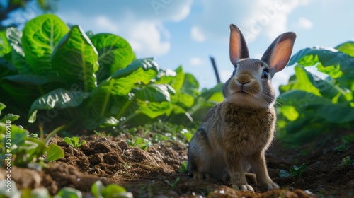 a rabbit surrounded by garden foliage and grass