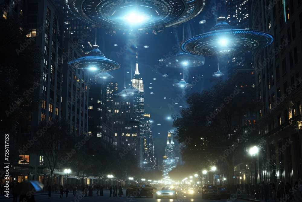 a group of flying saucers are flying over a city at night a group of flying saucers are flying over a city at night