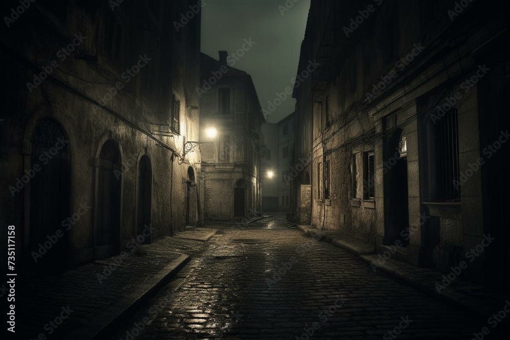 An eerie street in an ancient urban area, exuding a haunting atmosphere. Generative AI