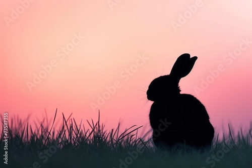 A hare silhouette in the grass as the sun sets against the horizon photo
