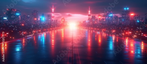 Cityscape on a dark background with bright and glowing neon purple and blue lights
