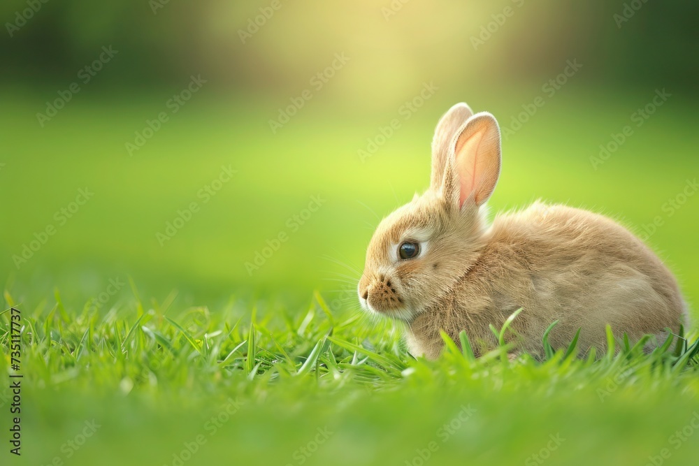 A small brown rabbit lounges in the grass, blending into the natural landscape A small brown rabbit lounges in the grass, blending into the natural landscape