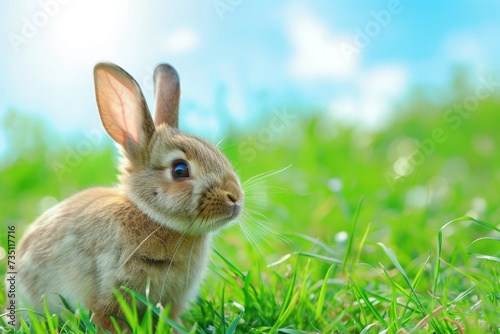 A small Rabbit is sitting in the grass, gazing up at the sky