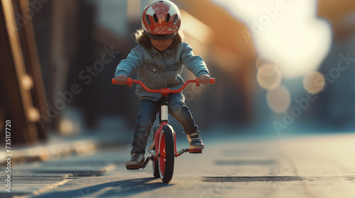 Child riding a bike, Learning to ride with two wheels, Young child practicing to ride a bicycle with training wheels removed, gaining balance and confidence while learning an essential childhood miles