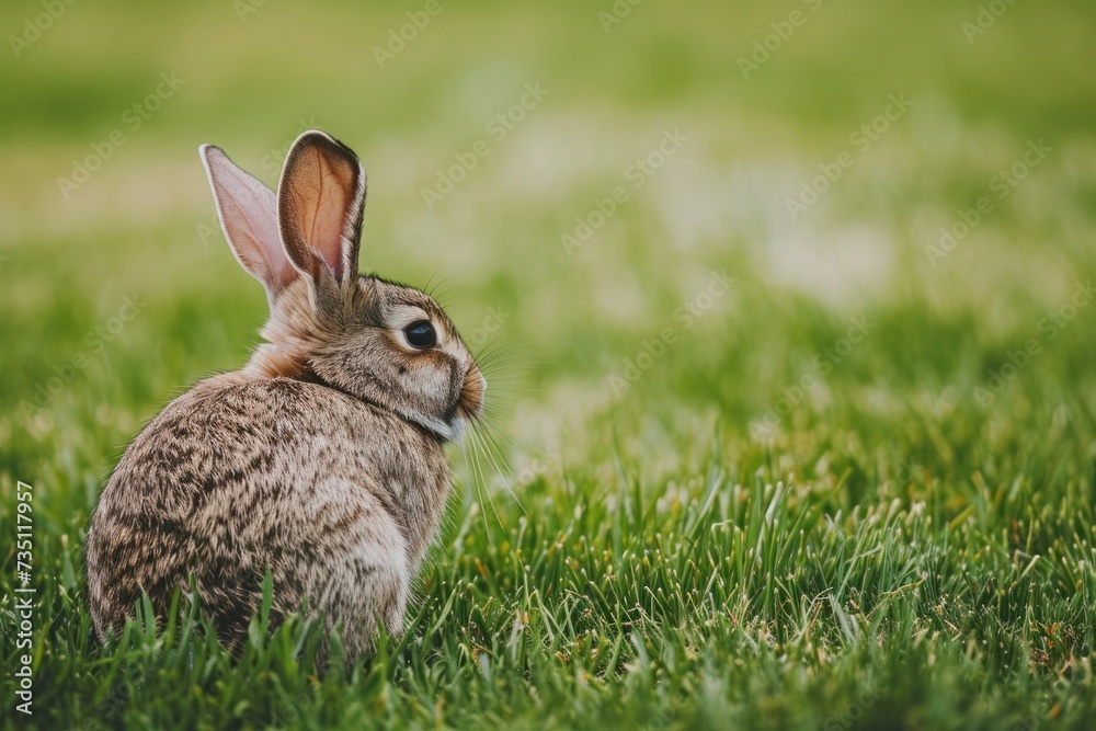 A small cottontail rabbit is sitting in the grass, gazing at the camera A small cottontail rabbit is sitting in the grass, gazing at the camera