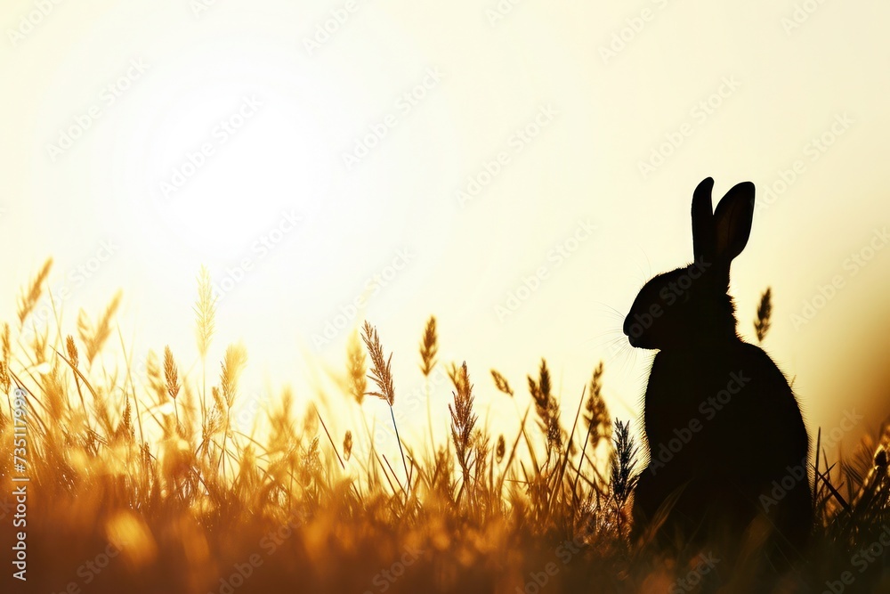 Silhouette of a happy rabbit sitting in tall grass in a grassland