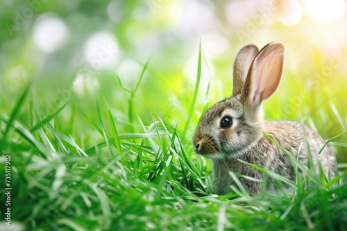 A small rabbit sitting in the grass, gazing at the camera