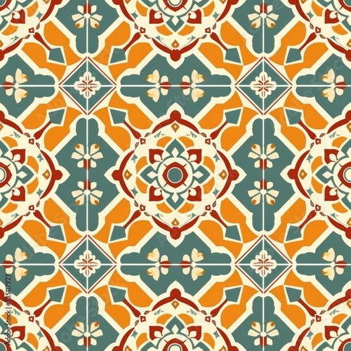 Ornamental Geometric Tile Pattern with Teal and Orange Accents.