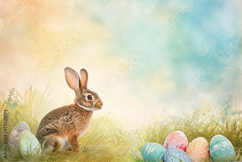 Audubons Cottontail is resting in the grass beside Easter eggs photo