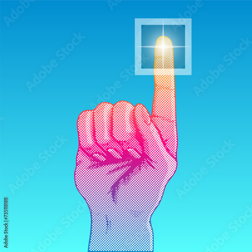 Illustration moderne couleur fluorescente, d’une main faisant avec son doigt le geste de cliquer sur un bouton.
