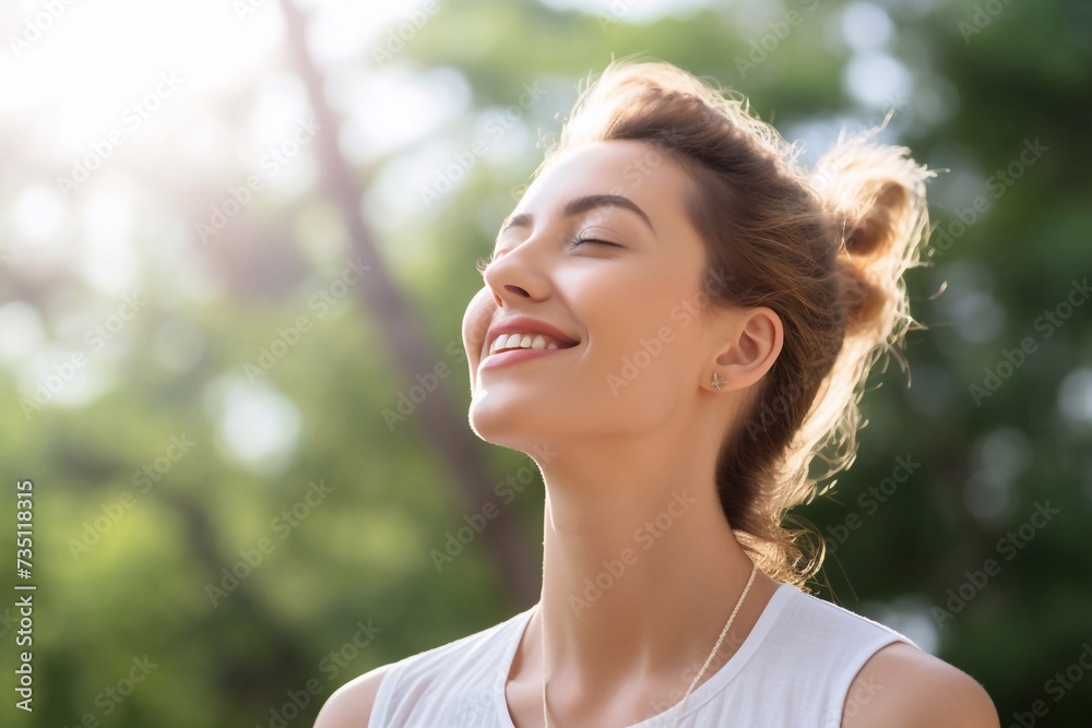 Calm beautiful smiling young woman with ponytail enjoying fresh air outdoors, relaxing with eyes closed, feeling alive, breathing, dreamy. Copy space, nature background, green parks. Side portrait Calm beautiful smiling young woman with ponytail enjoying fresh air outdoors, relaxing with eyes closed, feeling alive, breathing, dreamy. Copy space, nature background, green parks. Side portrait