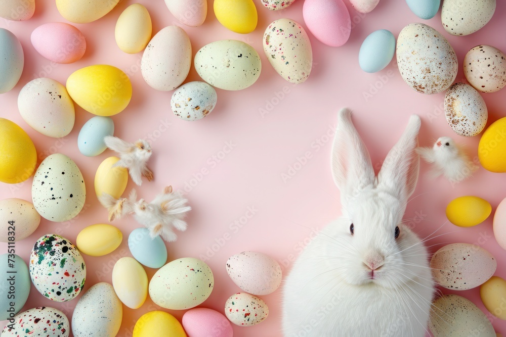 A white rabbit surrounded by Easter eggs on a pink background