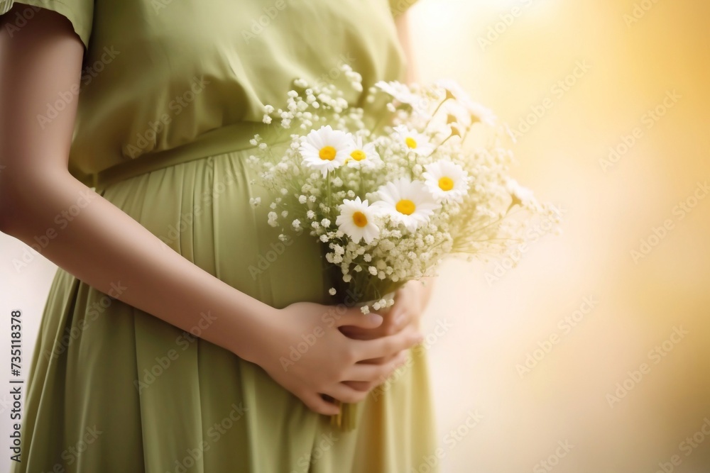 Close-up on the belly of a pregnant woman, wearing a long green dress, holding a bouquet of daisy flowers outdoors, new life concept Close-up on the belly of a pregnant woman, wearing a long green dress, holding a bouquet of daisy flowers outdoors, new life concept