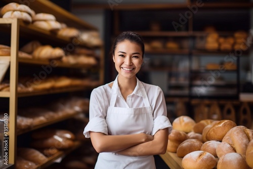 Happy woman saleswoman. Business owner with bakery experience