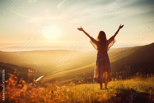  Carefree Happy Woman Enjoying Nature on Grassy Meadow on Top of Mountain Cliff with Sunrise. Beauty girl outdoors. Freedom concept