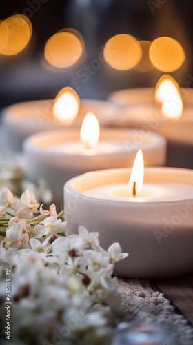  Close up of burning candles spreading aroma on a table in a spa salon. Beautiful composition with gray and white candles for spa treatment. Zen and relaxation concept
