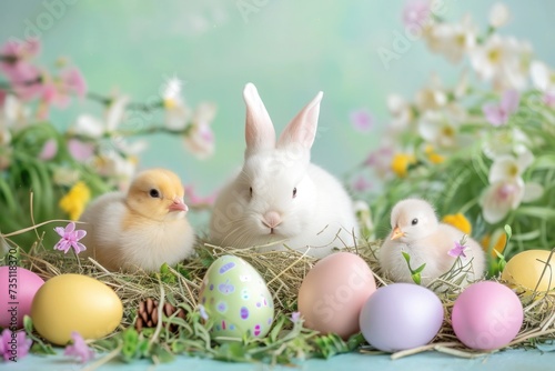 a white rabbit is sitting in a nest surrounded by easter eggs and chicks