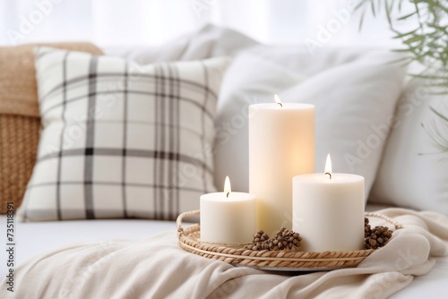  Composition of candles on white table against the background of sofa with plaids and pillows. Cozy home concept