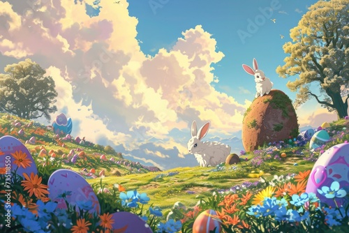A rabbit perches atop an Easter egg in a flowerfilled field under the sky