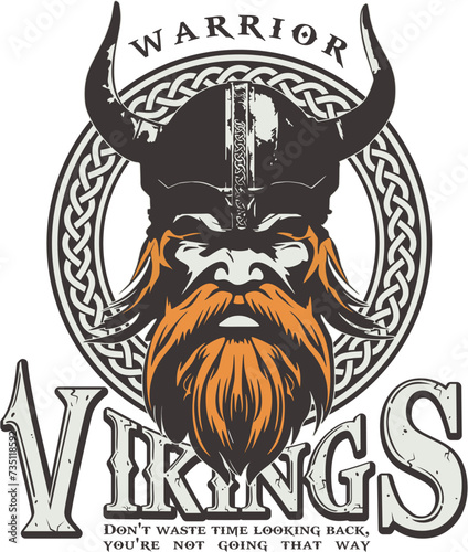 Viking wearing a helmet with horns, in the background a circle with the words don't waste time looking back,
you're not going that way.