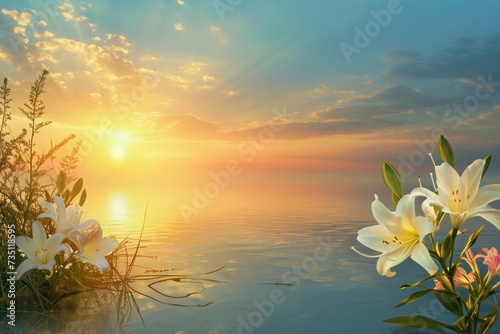 a sunset over a body of water with flowers in the foreground