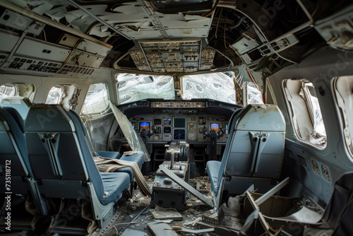 Abandoned Aircraft Cockpit Overrun by Time, Nature's Takeover of Human Technology, A Forgotten Era of Aviation. Concept of fight against terrorism or anti-terrorism.