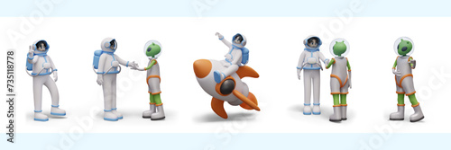 Set of space characters in different poses and situations. Astronaut  alien  space rocket