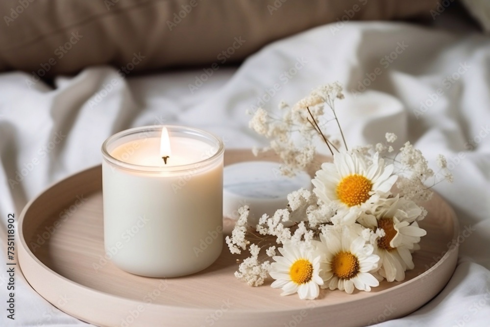Handmade candle from paraffin and soy wax in glass jar on concrete tray. Candle making. Minimalism. Luxurious white tray decoration, home interior decor with burning aroma candle with white dry flowe
Handmade candle from paraffin and soy wax in glass jar on concrete tray. Candle making. Minimalism. Luxurious white tray decoration, home interior decor with burning aroma candle with white dry flowe