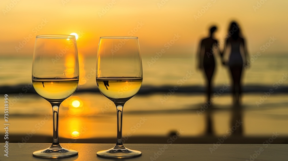Dating. Relationships concept. Two glasses of white wine against the backdrop of a blurred couple in love on the seashore at sunset.