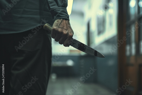 Mysterious Person Holding Blood-Scented Knife in Dimly Lit Corridor. Concept of the fight against terrorism or anti-terrorism.