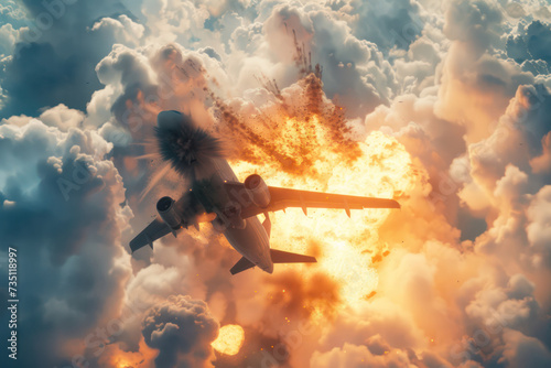 Dramatic Explosion in the Sky with Fighter Jet Amongst Flaming Clouds and Debris. Concept of the fight against terrorism or anti-terrorism. photo